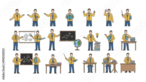 The Scholar's Array: A collection of illustrations presenting a knowledgeable scholar engaged in various educational activities, showcasing the versatility and dynamism of the educational role.