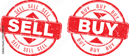 Set of red buy and sell round rubber stamps with grunge texture for commerce and business