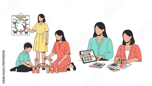 Nurturing Minds in Classrooms: Scenes of an instructor engaging with students, creating an environment of exploration and learning.