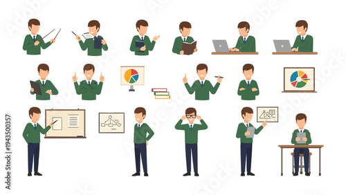 Teacher in Action: A set of illustrations showcasing a teacher in various poses, actively engaging in educational activities with a whiteboard and laptop.