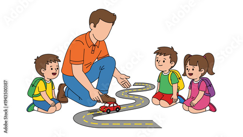 Learning Through Play: A teacher guides young children in an interactive educational activity, engaging them with a toy car on a winding road.
