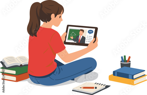 Girl Sitting on Floor Watching Online Lesson on Tablet