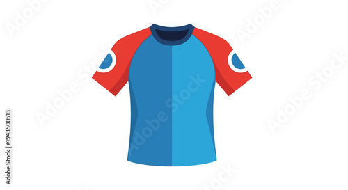 Blue and red short-sleeved t-shirt with circular shoulder accents.