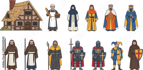 Medieval Character Icon Set Featuring King Knight Guard Peasant Baker Court Jester and Traditional Half Timbered Cottage for History and Fantasy Roleplay Designs
