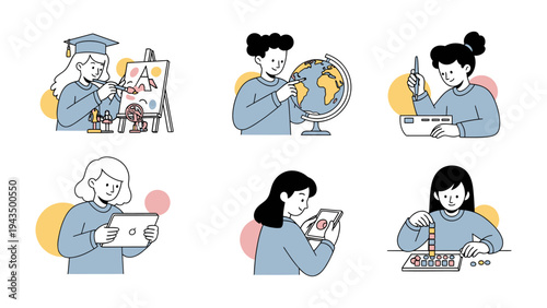 Education and Exploration: A set of illustrations showcasing diverse learning activities. Each illustration shows a student engaging in a different educational pursuit.