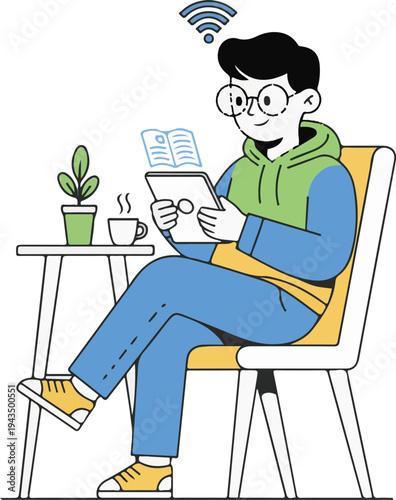 Man Reading E-book on Tablet with Wi-Fi Connection