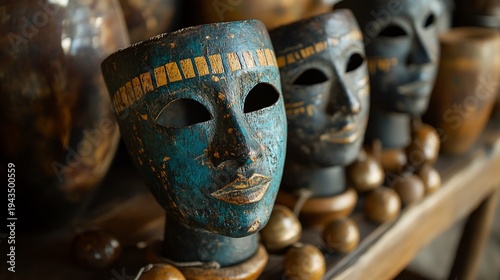 Collection of intricately carved and painted African tribal masks on display