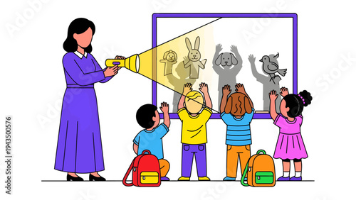Shadow Puppets: A teacher illuminates a screen, casting enchanting shadows of animal figures, captivating a group of young learners engaged in a creative play.