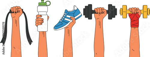 Fitness and Workout Equipment in Raised Hands Set Featuring Resistance Bands, Water Bottle, Running Shoe, Dumbbells, and Hand Wrap for Gym Training Vector Illustration