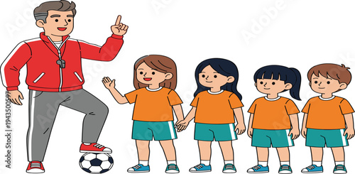Football Coach Training Kids Team Illustration with Young Children Standing in Line and Soccer Ball for Sports Education and Youth Coaching Concept