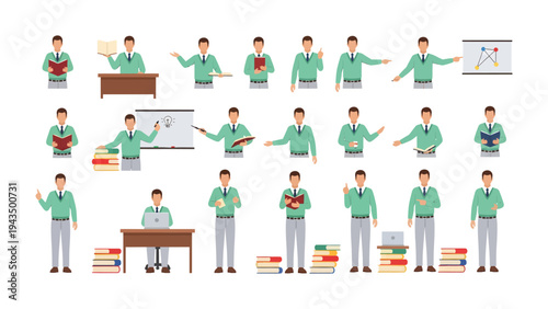 Collection of Lecturer Poses: A comprehensive illustration showcasing various stances and actions of a lecturer, perfect for educational and professional design projects.