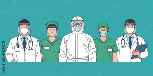 Healthcare Workers Team Wearing Face Masks and PPE Protective Suit Including Doctors and Nurses During Pandemic Medical Safety Concept Vector Illustration