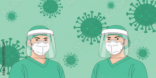 Healthcare Workers Wearing Face Masks and Protective Face Shields with Virus Background, Medical Staff Protection During Pandemic and Infectious Disease Prevention Concept