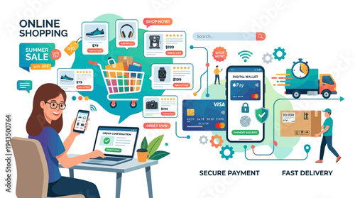 Online Shopping App Illustration – Mobile Commerce Vector Design