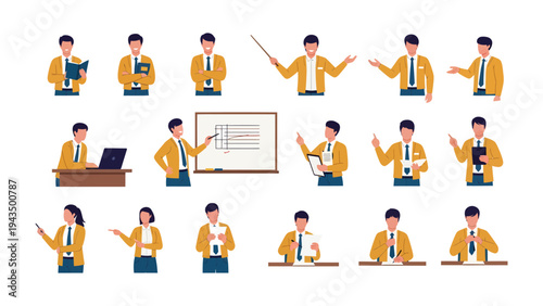 Business Professionals in Action: A collection of business professionals in various poses, at the meeting, presenting, and studying. show the professional actions of office workers 