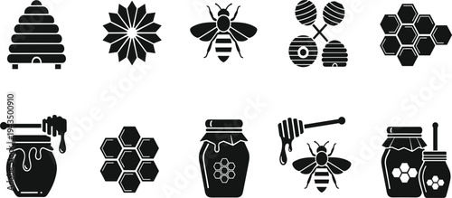 Honey Bee and Beekeeping Silhouette Icon Set with Hive Jar Honeycomb and Insect Symbols for Organic Farm Logo and Natural Product Design