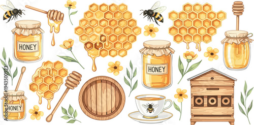 Honey and Beekeeping Vector Set with Beehive Honeycomb Jars Bees and Dipper for Organic Food Farm Sweet Natural Product Illustration