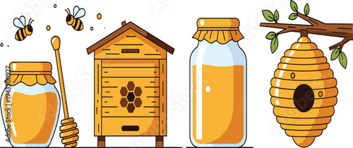Honey Beekeeping Illustration Set with Beehive, Honey Jar, Honeycomb, Dipper, and Bees for Organic Food, Apiary, and Natural Sweet Product Design