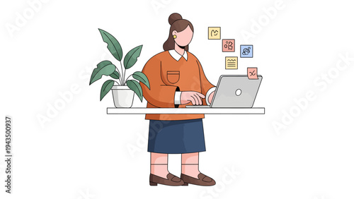 Focused Creator: A focused creator sits at her desk, engrossed in her work on a sleek laptop, surrounded by the refreshing presence of a potted plant, she's in a state of flow