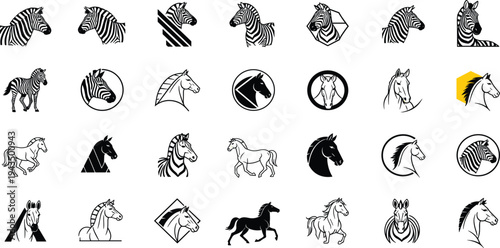 Horse and Zebra Head Silhouette Icon Set Featuring Equestrian, Wild Animal, and Farm Stallion Vector Logos for Branding and Design