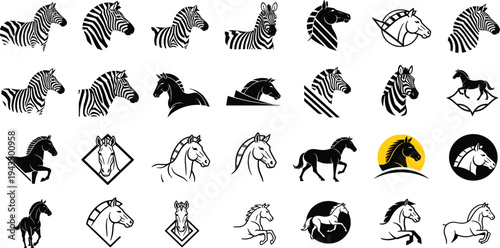 Horse and Zebra Silhouette Icon Collection with Running Horses, Horse Heads, and Zebra Stripes Vector Set for Equestrian, Wildlife, Ranch, and Logo Design