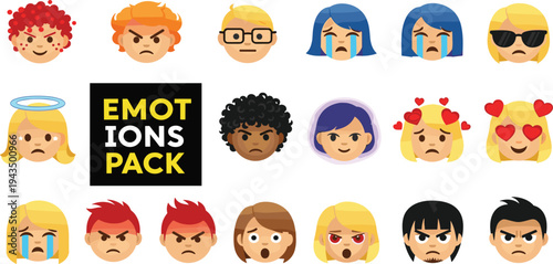 Human Face Emotions Emoji Set with Happy, Sad, Angry, Crying, Love, and Surprised Expressions Cartoon Avatar Vector Illustration Collection