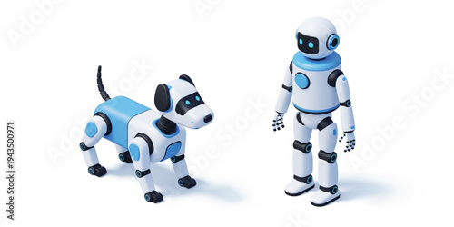 Humanoid Robot and Robotic Dog Companion 3D Illustration Set for Artificial Intelligence, Smart Technology and Future Robotics Concept