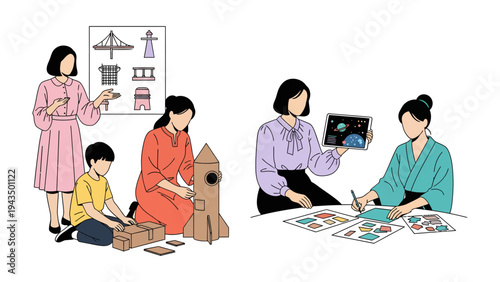 Educational Playtime: Illustrating the essence of learning and creativity, this image captures a group of children, alongside their educators, immersed in playful activities, with rockets, drawings.