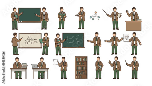 Teacher in the classroom: A collection of various poses of a teacher, illustrating concepts. 