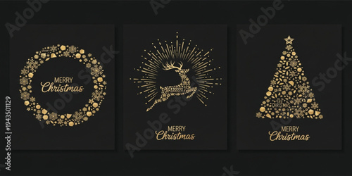 Luxury Merry Christmas Greeting Card Set with Golden Wreath, Reindeer, and Christmas Tree on Black Background for Elegant Holiday Invitations and Festive Designs