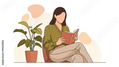 Serene Moments with a Good Book: A woman immersed in the pages of a book, finding tranquility in the gentle embrace of reading, amidst a backdrop of serene tones and a flourishing potted plant.