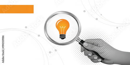 Magnifying Glass Searching for Bright Idea Lightbulb Concept Representing Innovation, Business Research, Creative Thinking, Problem Solving, Discovery and Strategic Analysis