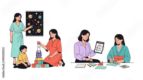 Playful Learning Scenes: Moments of education and exploration unfold in this illustration. A woman guides a child to build toy and teaching.