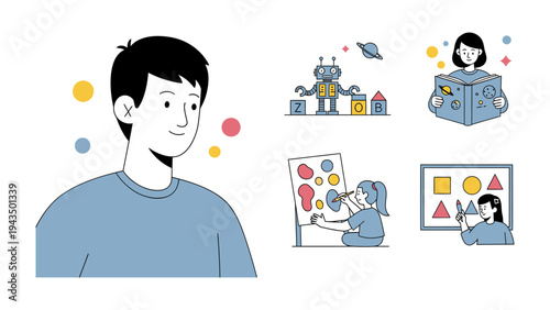 Creative Childhood and Imagination: A young individual's world of imaginative play and learning, with illustrated elements representing a diverse range of childhood activities. 