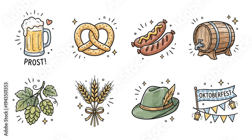 Beer Festival Doodles – Oktoberfest Hand Drawn Icon Set Vector.