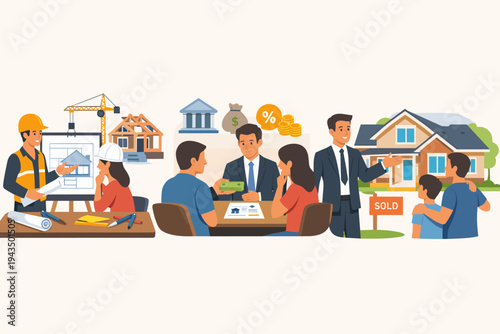 Comprehensive vector illustration of the home buying process: architectural planning with an engineer, securing a bank mortgage loan with a financial advisor, and final house sale with a realtor.