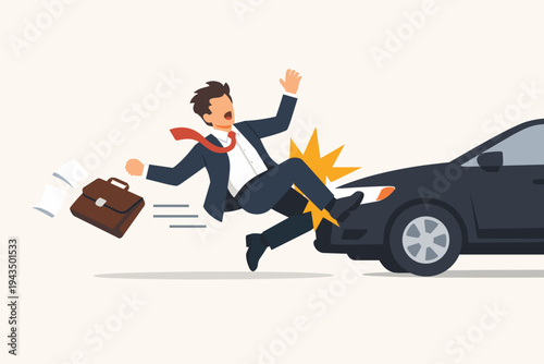 Businessman in a formal suit being hit by a black car in a traffic accident, pedestrian collision scene with briefcase and papers flying, car insurance claim concept, flat vector illustration.