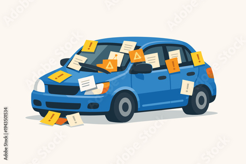 Blue car covered in numerous yellow and orange traffic tickets, parking violation notices, and warning stickers with exclamation marks, representing legal fines, penalties, and law enforcement.