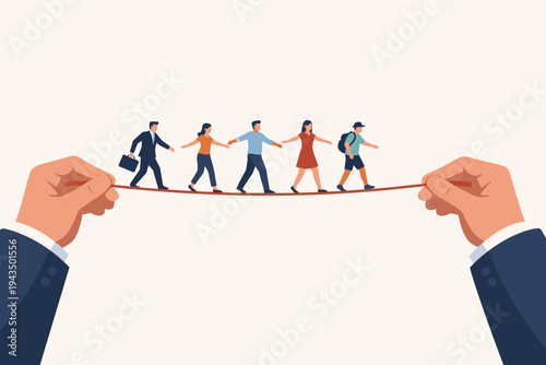 Group of diverse people walking on a tightrope held by giant businessman hands, representing corporate support, social safety net, leadership guidance, risk management, and economic stability.