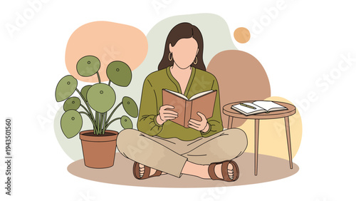 Literary Serenity: A woman engrossed in a book in a tranquil indoor setting, embracing the calmness of reading and the joy of quiet contemplation.