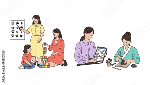 Diverse Learning Environments: Exploring the essence of learning across various settings. A child learns from the teacher. Another child is building blocks with mom.