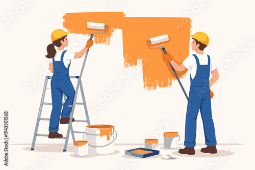 Professional Man and Woman Construction Workers in Blue Overalls and Yellow Hard Hats Painting an Interior Wall with Orange Paint Using Rollers, Ladder, and Buckets, Flat Vector Illustration