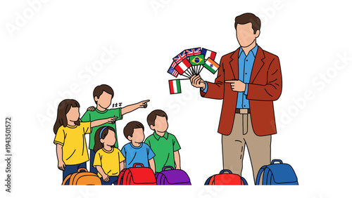Global Classroom: A dedicated teacher leads a group of children, introducing the concept of global flags and international relations