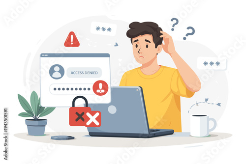 Vector illustration of a confused man at a laptop with access denied login error message, forgot password concept. Frustrated male user scratching head with question marks and security lock icons.