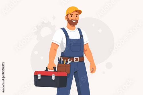 Smiling Handyman Repairman Character in Blue Overalls and Yellow Cap Carrying a Toolbox and Wearing a Tool Belt with Wrenches, Flat Vector Illustration for Maintenance and Repair Services.