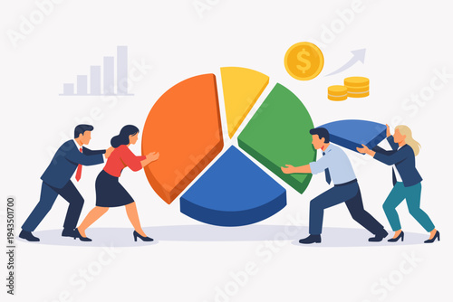 Business Team Dividing Financial Pie Chart Profits and Market Share Flat Vector Illustration. Professionals Collaborating on Budget Allocation, Revenue Growth, and Investment Strategy Success.