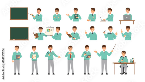 Dynamic Educator: A comprehensive illustration showcasing a teacher in various poses, gestures, and activities, offering a visual journey of instruction, presentation, and guidance.