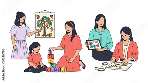 Learning and Growth: A group of women engaging in a variety of activities, representing education, creativity, and the joy of learning.