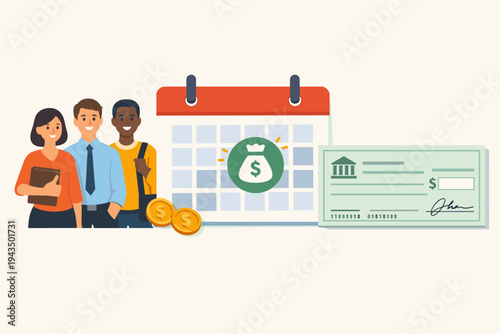 Flat vector illustration of diverse office employees standing by a large calendar marking payday with a money bag icon, gold coins, and a bank check, representing payroll and salary management.