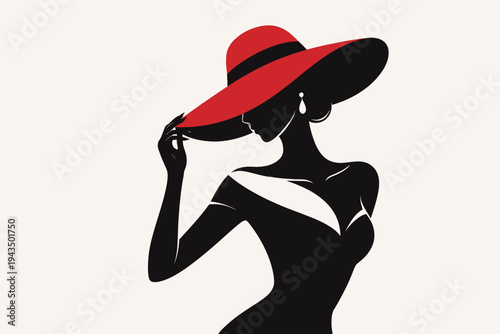 Elegant Silhouette of a Sophisticated Fashion Woman Wearing a Large Red Wide-Brimmed Hat and a Black Dress, Minimalist Flat Vector Illustration for Beauty, Style, and Glamour Design Projects.